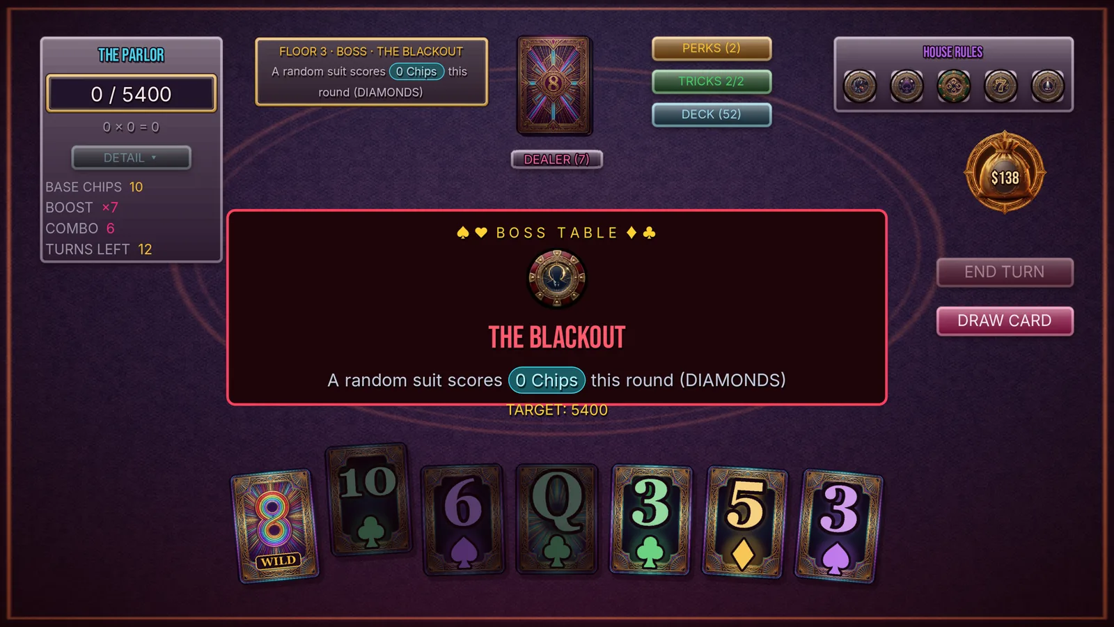 The Parlor on Floor 3 announcing the boss The Blackout, which makes a random suit — diamonds — score zero chips for the round against a target of 5400.