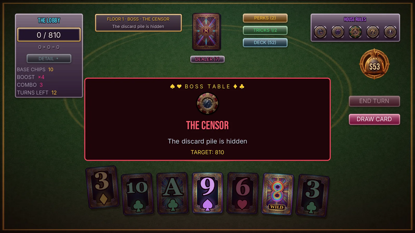 The Lobby on Floor 1 against the boss The Censor, which hides the discard pile. The hand holds a rainbow wild 8 among ordinary cards.